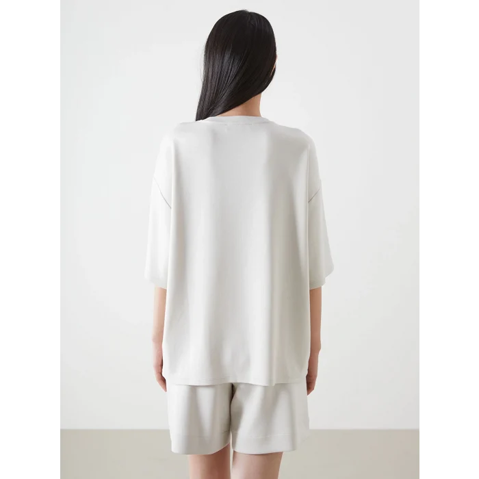 LCW Vision Bej Bisiklet Yaka Baskılı Oversize Kadın Tişört