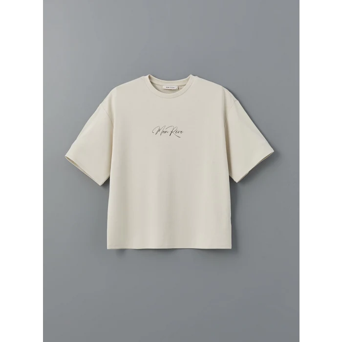 LCW Vision Bej Bisiklet Yaka Baskılı Oversize Kadın Tişört