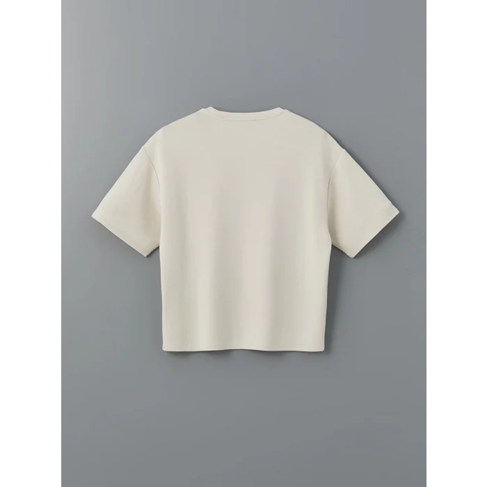 LCW Vision Bej Bisiklet Yaka Baskılı Oversize Kadın Tişört