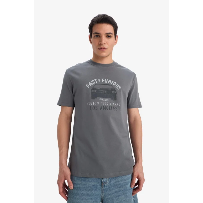 Defacto E0621 Gri %100 Pamuk Fast & Furious Regular Fit Bisiklet Yaka Kısa Kollu Tişört