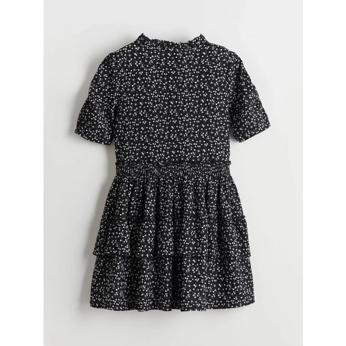 LCW Kids Siyah Bisiklet Yaka Çiçekli Kız Çocuk Elbise