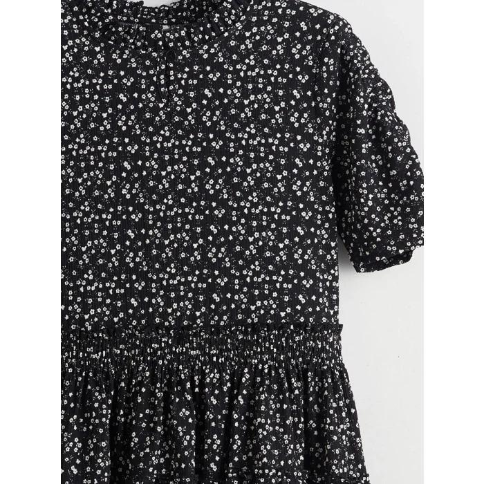 LCW Kids Siyah Bisiklet Yaka Çiçekli Kız Çocuk Elbise