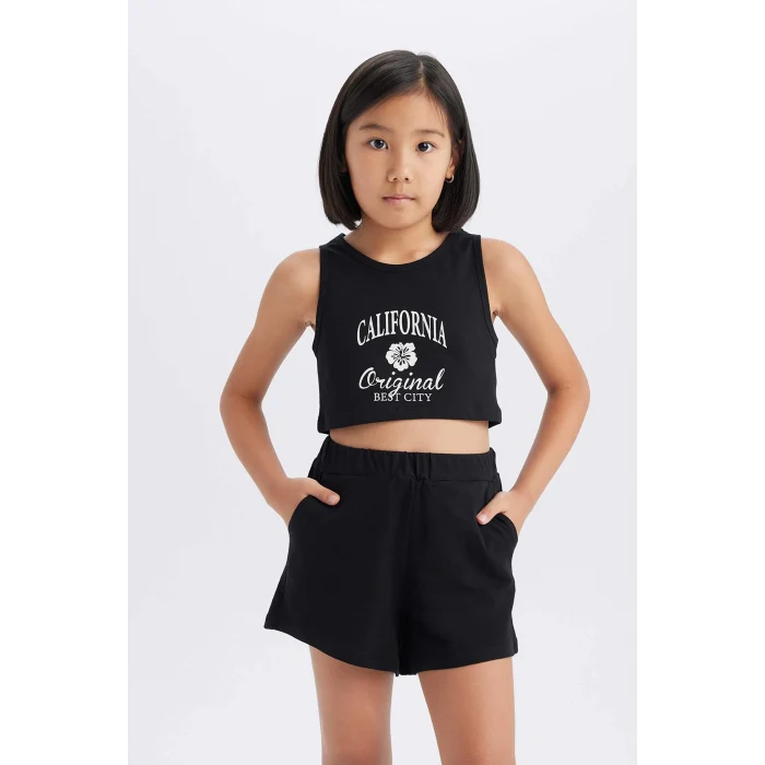 Defacto E4897 Siyah Kız Çocuk 2li Takım Baskılı Atlet Şort