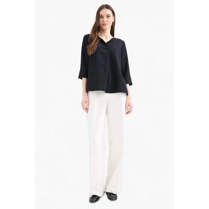 Defacto F1752 Siyah Regular Fit Kaçık Yaka Basic Düz Yarım Kollu Bluz