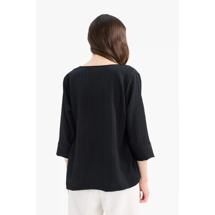 Defacto F1752 Siyah Regular Fit Kaçık Yaka Basic Düz Yarım Kollu Bluz