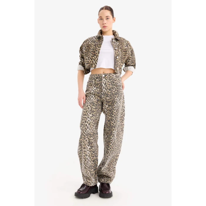 Defacto D5942 Kahve Oversize Geniş Kalıp Leopar Desenli Gabardin Uzun Kollu Gömlek Ceket