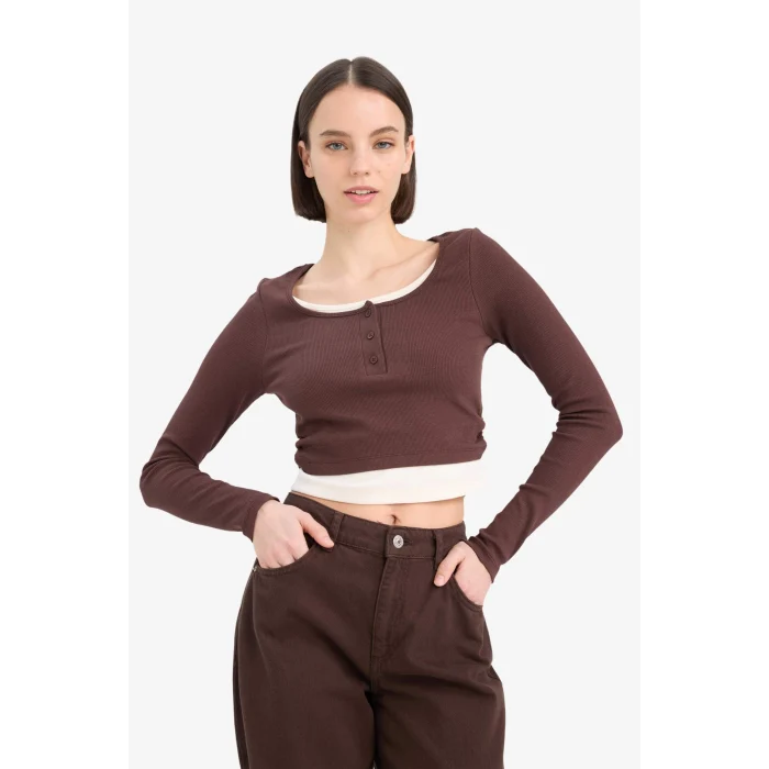 Defacto E7606 Kahve Coool Fitted Fitilli Kaşkorse Uzun Kollu Tişört