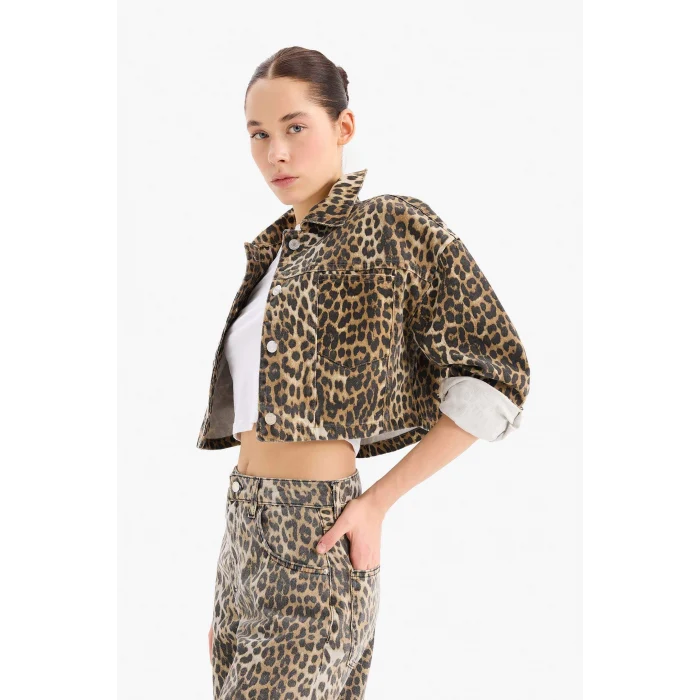 Defacto D5942 Kahve Oversize Geniş Kalıp Leopar Desenli Gabardin Uzun Kollu Gömlek Ceket