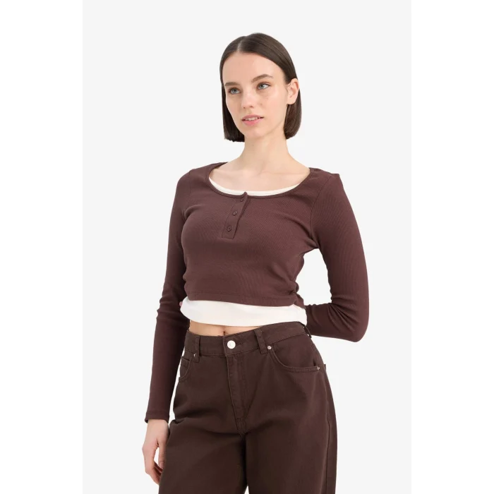 Defacto E7606 Kahve Coool Fitted Fitilli Kaşkorse Uzun Kollu Tişört