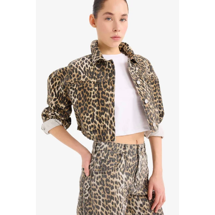 Defacto D5942 Kahve Oversize Geniş Kalıp Leopar Desenli Gabardin Uzun Kollu Gömlek Ceket