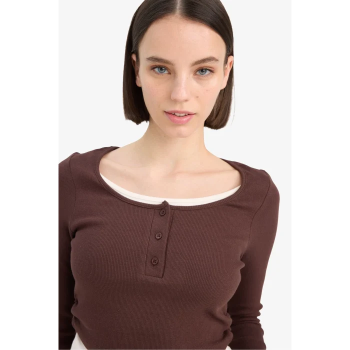 Defacto E7606 Kahve Coool Fitted Fitilli Kaşkorse Uzun Kollu Tişört