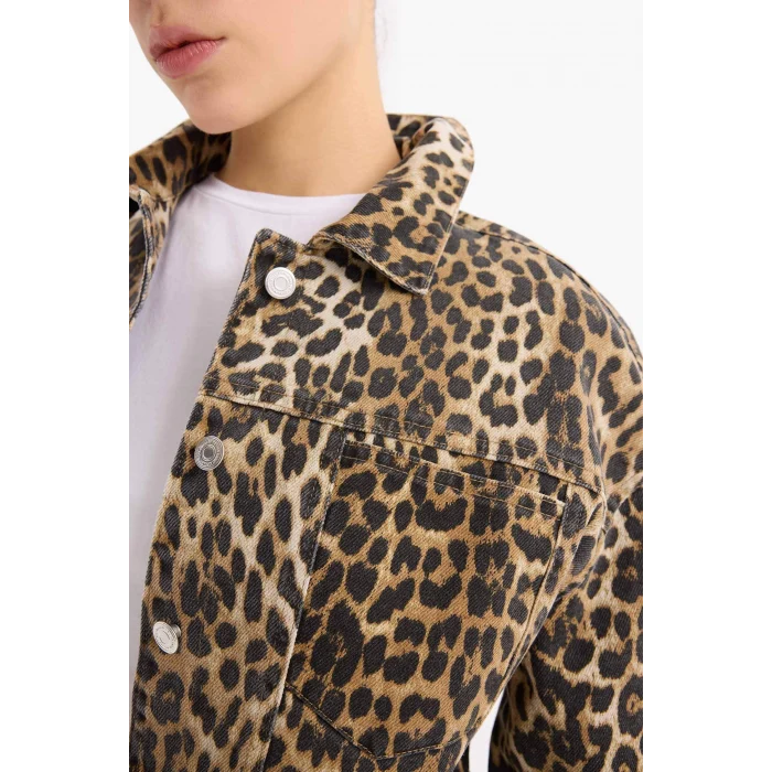 Defacto D5942 Kahve Oversize Geniş Kalıp Leopar Desenli Gabardin Uzun Kollu Gömlek Ceket