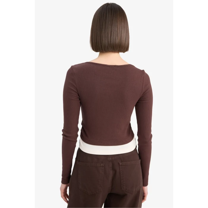 Defacto E7606 Kahve Coool Fitted Fitilli Kaşkorse Uzun Kollu Tişört