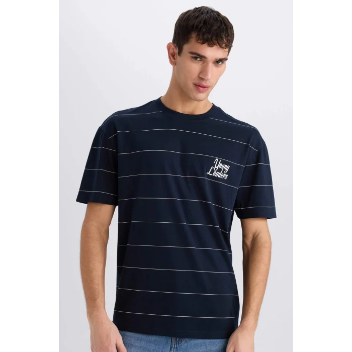Defacto E0592 Lacivert %100 Pamuk Boxy Fit Bisiklet Yaka Baskılı Kısa Kollu Tişört