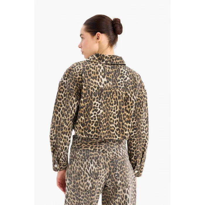 Defacto D5942 Kahve Oversize Geniş Kalıp Leopar Desenli Gabardin Uzun Kollu Gömlek Ceket