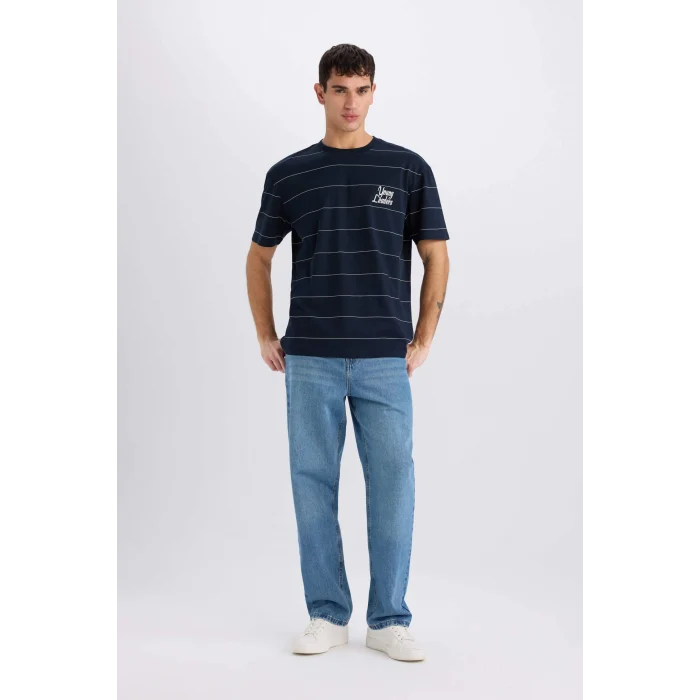 Defacto E0592 Lacivert %100 Pamuk Boxy Fit Bisiklet Yaka Baskılı Kısa Kollu Tişört