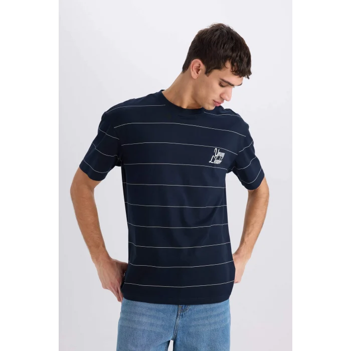 Defacto E0592 Lacivert %100 Pamuk Boxy Fit Bisiklet Yaka Baskılı Kısa Kollu Tişört