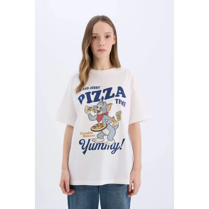 Defacto D9120 Beyaz Coool Tom & Jerry Oversize Geniş Kalıp Bisiklet Yaka Baskılı Kısa Kollu Tişört