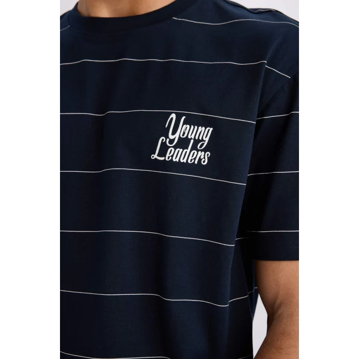 Defacto E0592 Lacivert %100 Pamuk Boxy Fit Bisiklet Yaka Baskılı Kısa Kollu Tişört