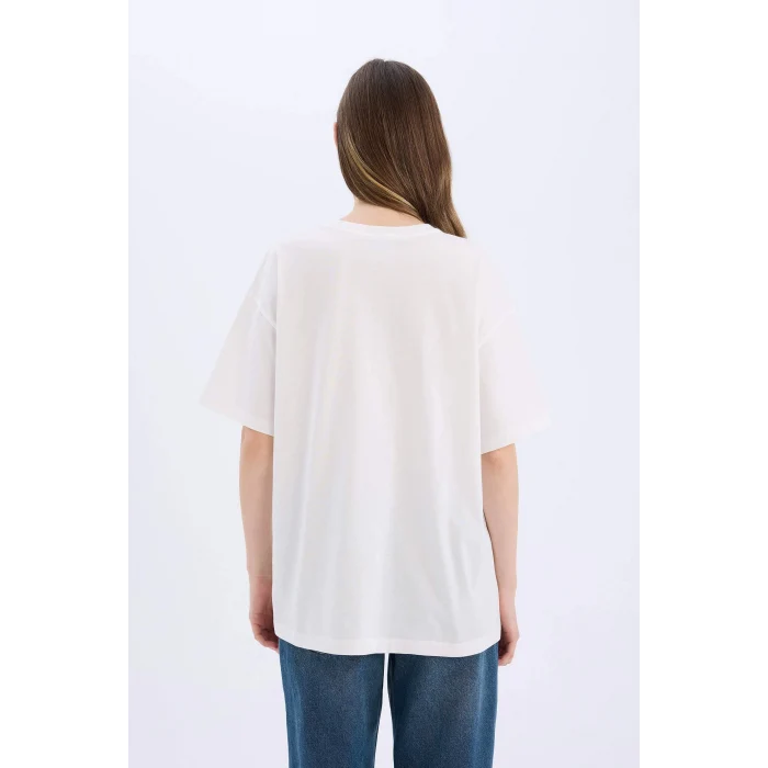 Defacto D9120 Beyaz Coool Tom & Jerry Oversize Geniş Kalıp Bisiklet Yaka Baskılı Kısa Kollu Tişört