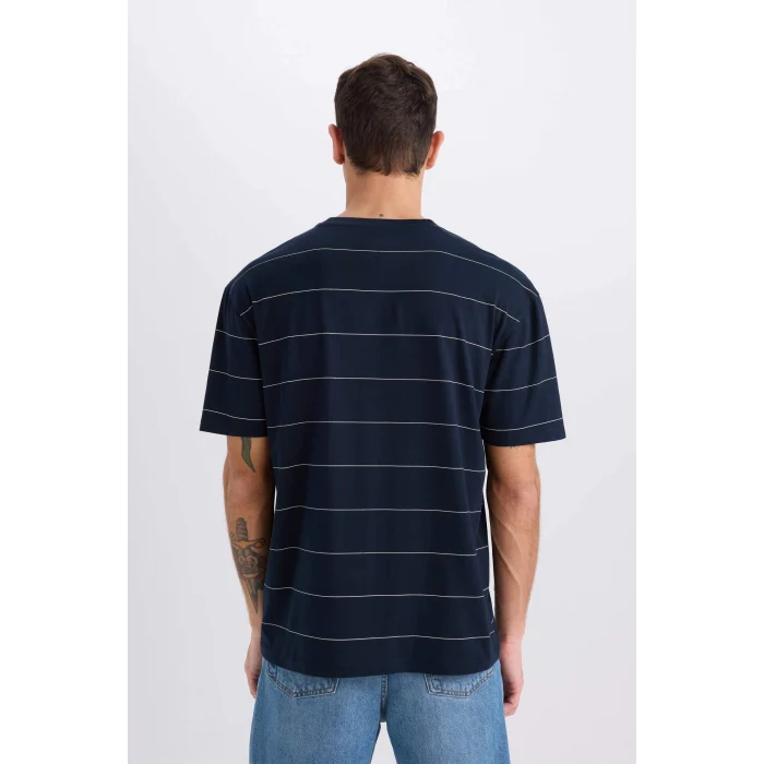 Defacto E0592 Lacivert %100 Pamuk Boxy Fit Bisiklet Yaka Baskılı Kısa Kollu Tişört