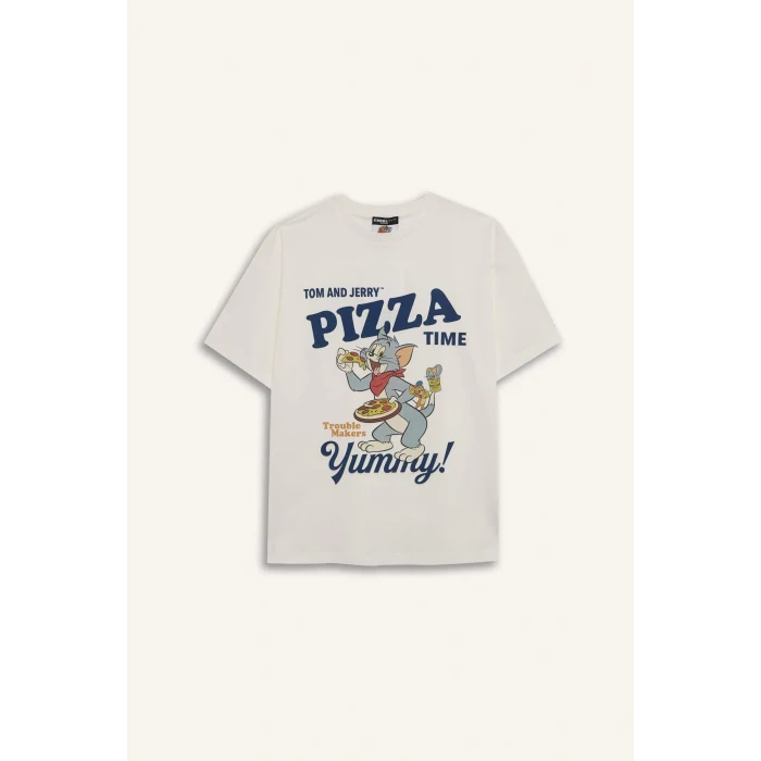 Defacto D9120 Beyaz Coool Tom & Jerry Oversize Geniş Kalıp Bisiklet Yaka Baskılı Kısa Kollu Tişört
