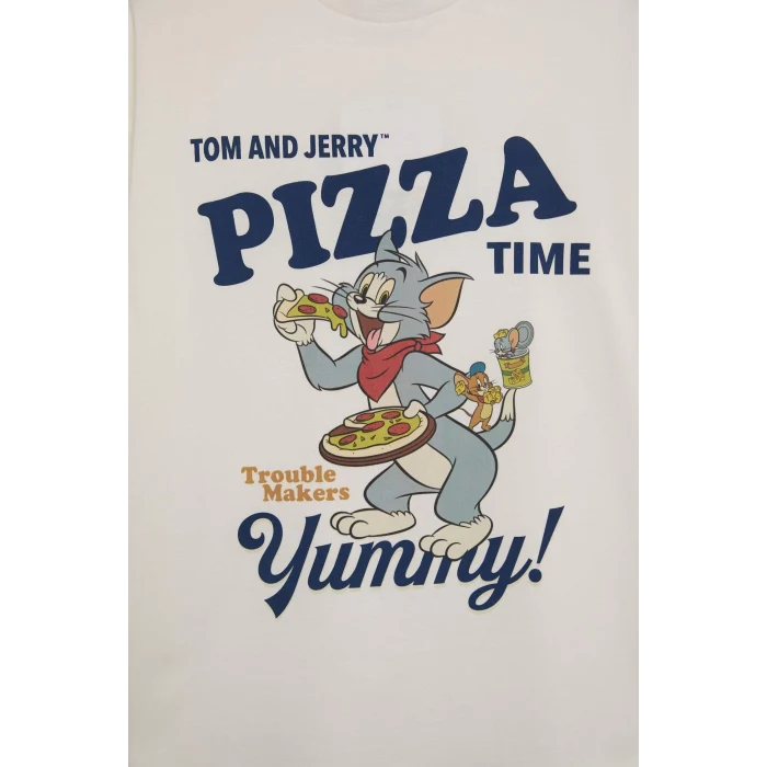 Defacto D9120 Beyaz Coool Tom & Jerry Oversize Geniş Kalıp Bisiklet Yaka Baskılı Kısa Kollu Tişört