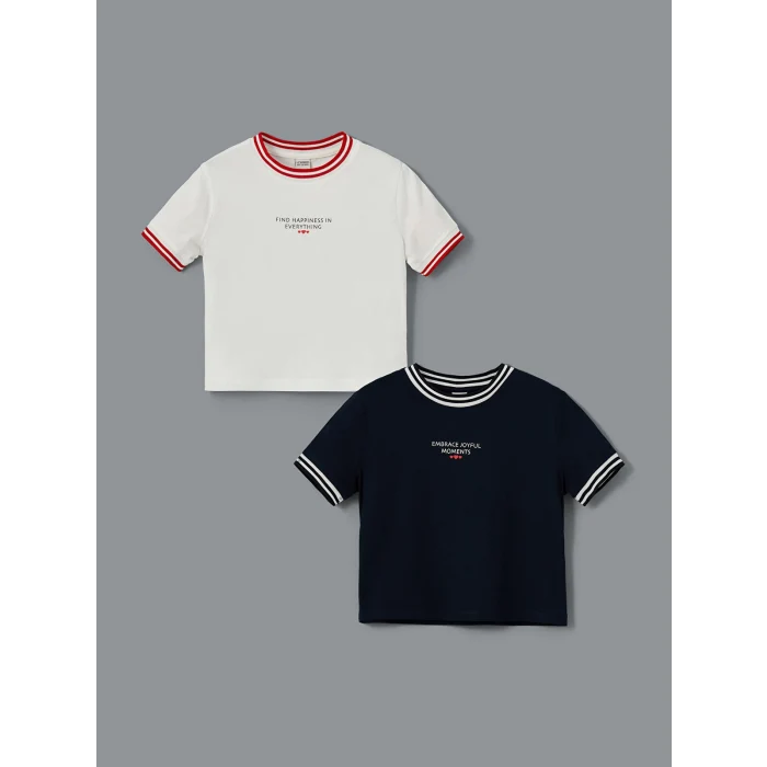 LCW Kids Ekru Bisiklet Yaka Kız Çocuk Crop Tişört 2li