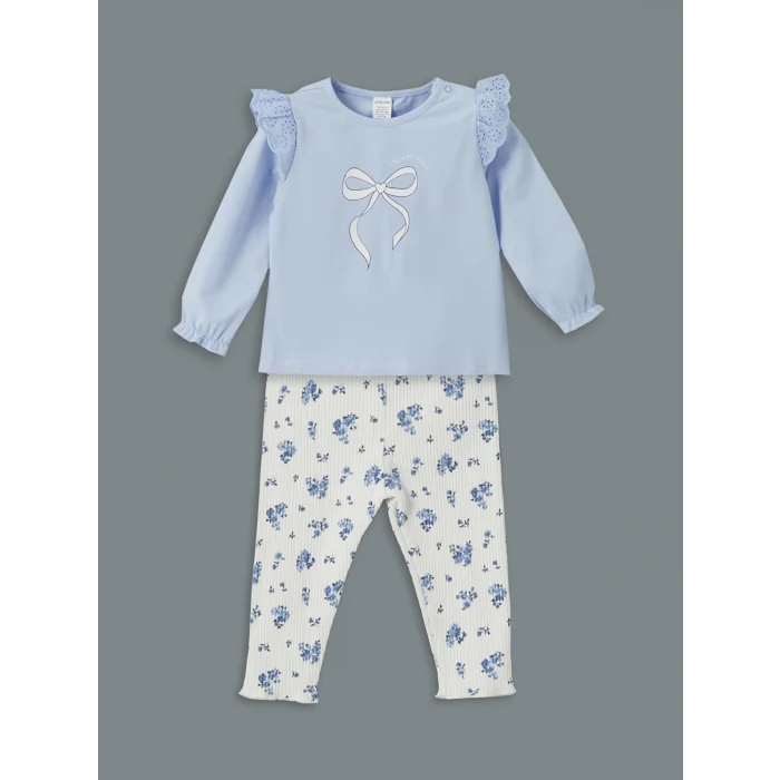 LCW baby Mavi Kurdele Detaylı Kız Bebek Bluz ve Tayt 2li
