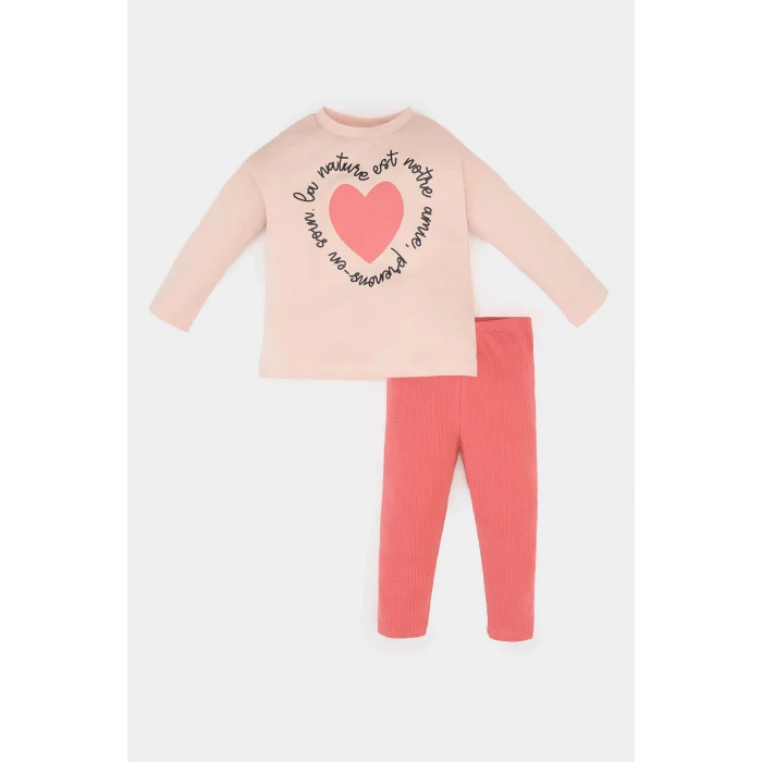 Defacto E5715 Pembe Kız Bebek 2li Takım Kalp Baskılı Uzun Kollu Tişört Beli Lastikli Alt