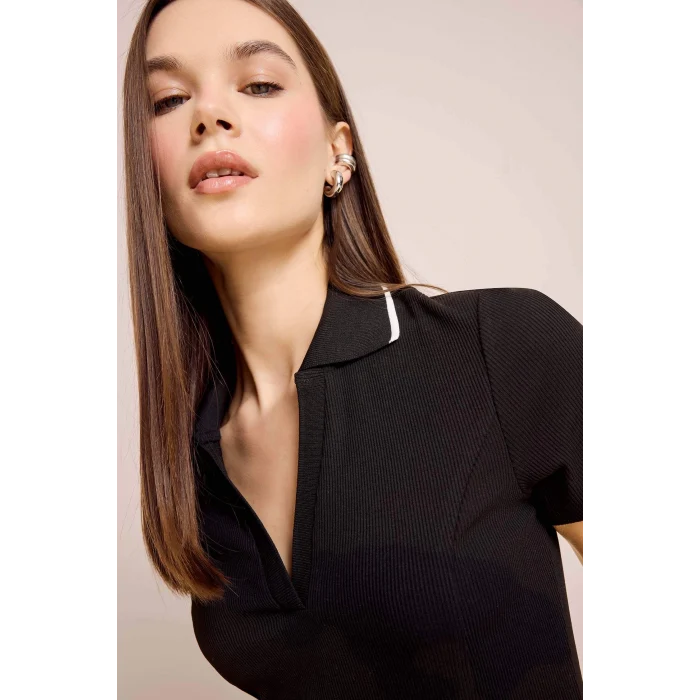 Defacto E5327 Siyah Coool Polo Yaka Fitilli Kaşkorse Kısa Kollu Mini Elbise