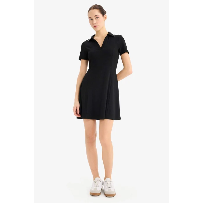 Defacto E5327 Siyah Coool Polo Yaka Fitilli Kaşkorse Kısa Kollu Mini Elbise