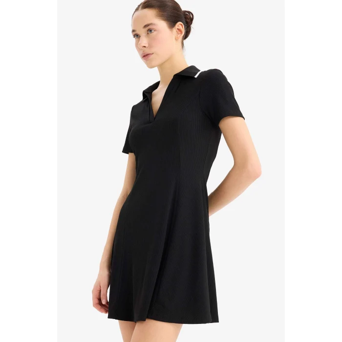 Defacto E5327 Siyah Coool Polo Yaka Fitilli Kaşkorse Kısa Kollu Mini Elbise