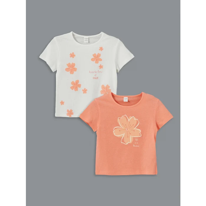 LCW Kids Ekru Bisiklet Yaka Çiçekli Kız Çocuk Tişört 2li