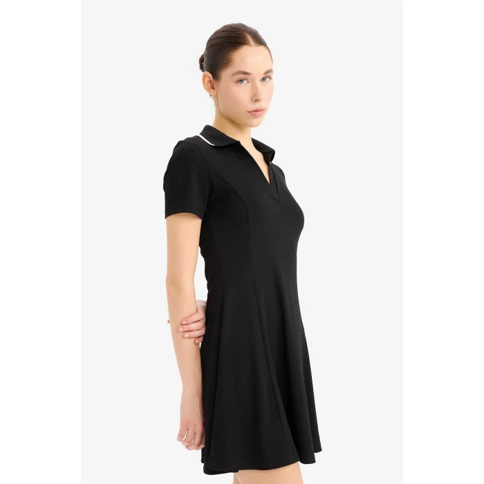 Defacto E5327 Siyah Coool Polo Yaka Fitilli Kaşkorse Kısa Kollu Mini Elbise