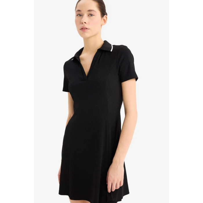 Defacto E5327 Siyah Coool Polo Yaka Fitilli Kaşkorse Kısa Kollu Mini Elbise