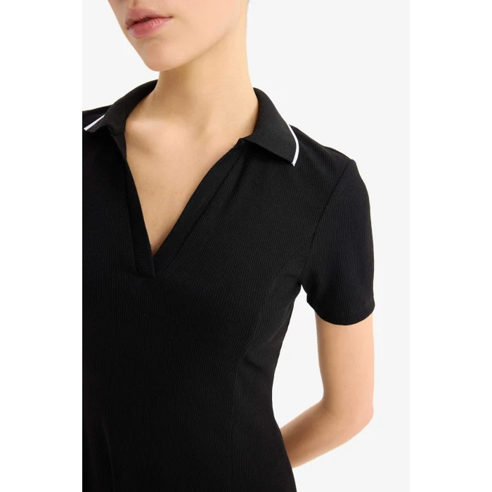 Defacto E5327 Siyah Coool Polo Yaka Fitilli Kaşkorse Kısa Kollu Mini Elbise