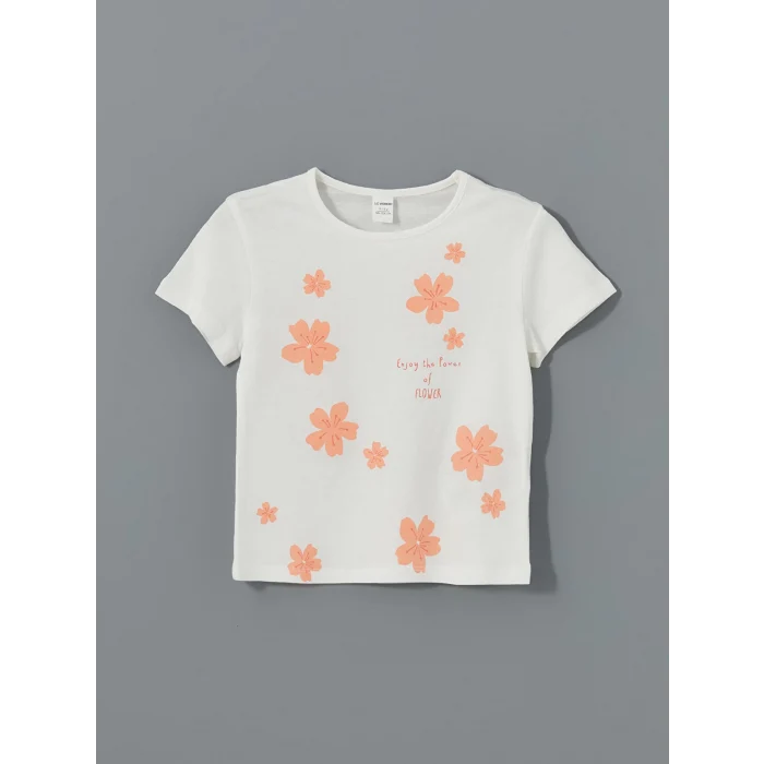 LCW Kids Ekru Bisiklet Yaka Çiçekli Kız Çocuk Tişört 2li