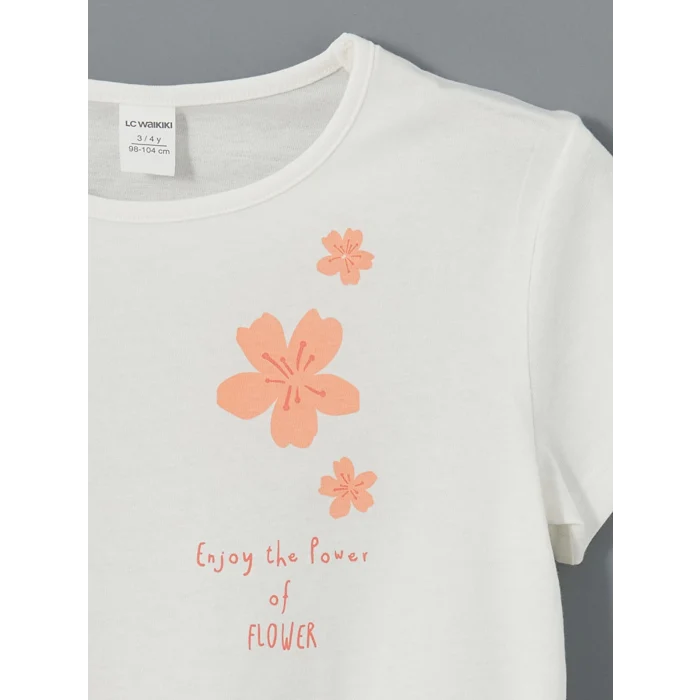 LCW Kids Ekru Bisiklet Yaka Çiçekli Kız Çocuk Tişört 2li