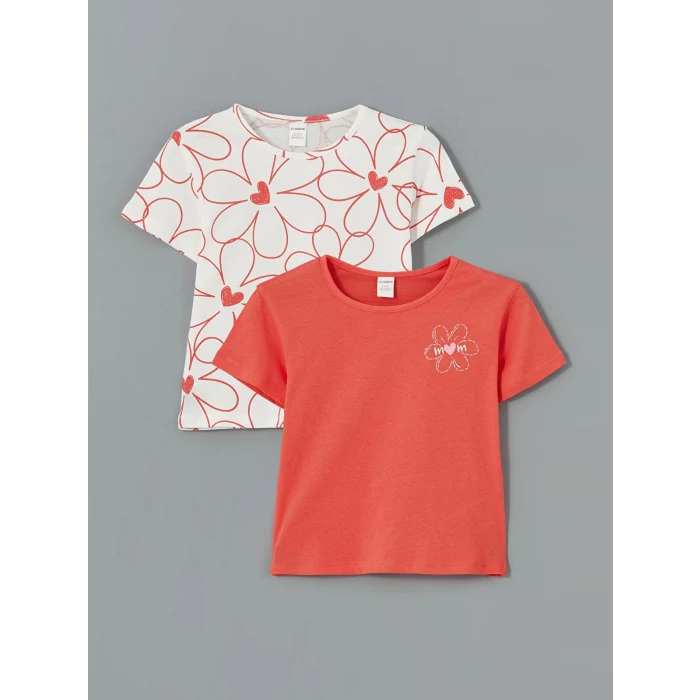 LCW Kids Mercan Bisiklet Yaka Çiçekli Kız Çocuk Tişört 2li