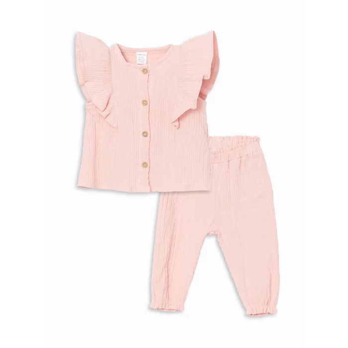 LCW baby Pembe Bisiklet Yaka Dokulu Kız Çocuk Gömlek ve Pantolon 2li