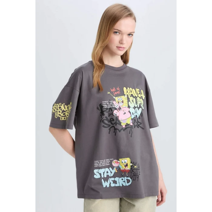 Defacto D9117 Antrasit Coool SpongeBob Oversize Geniş Kalıp Bisiklet Yaka Baskılı Kısa Kollu Tişört