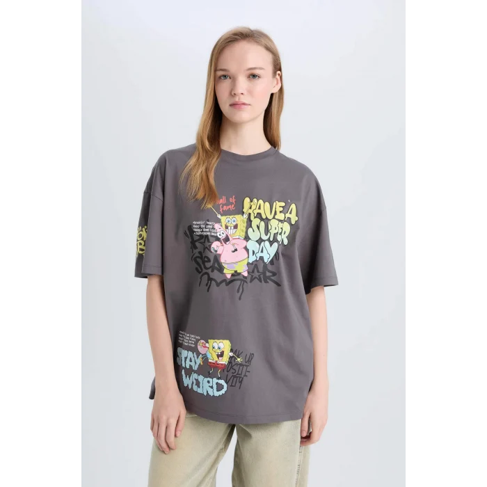 Defacto D9117 Antrasit Coool SpongeBob Oversize Geniş Kalıp Bisiklet Yaka Baskılı Kısa Kollu Tişört