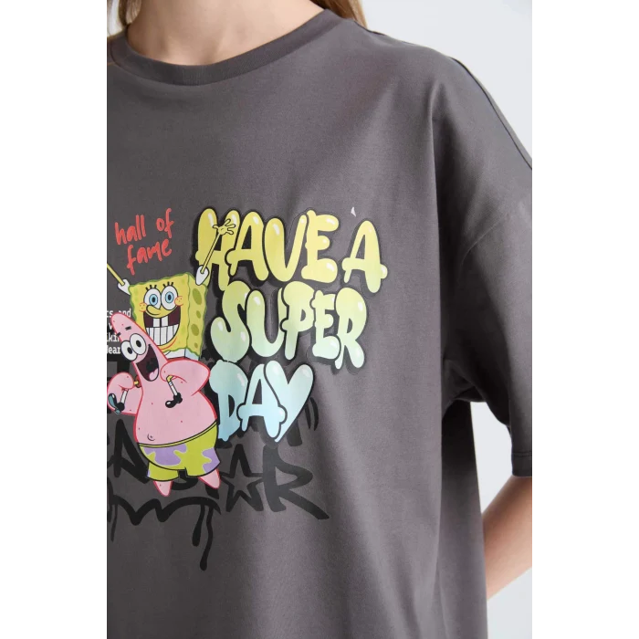 Defacto D9117 Antrasit Coool SpongeBob Oversize Geniş Kalıp Bisiklet Yaka Baskılı Kısa Kollu Tişört