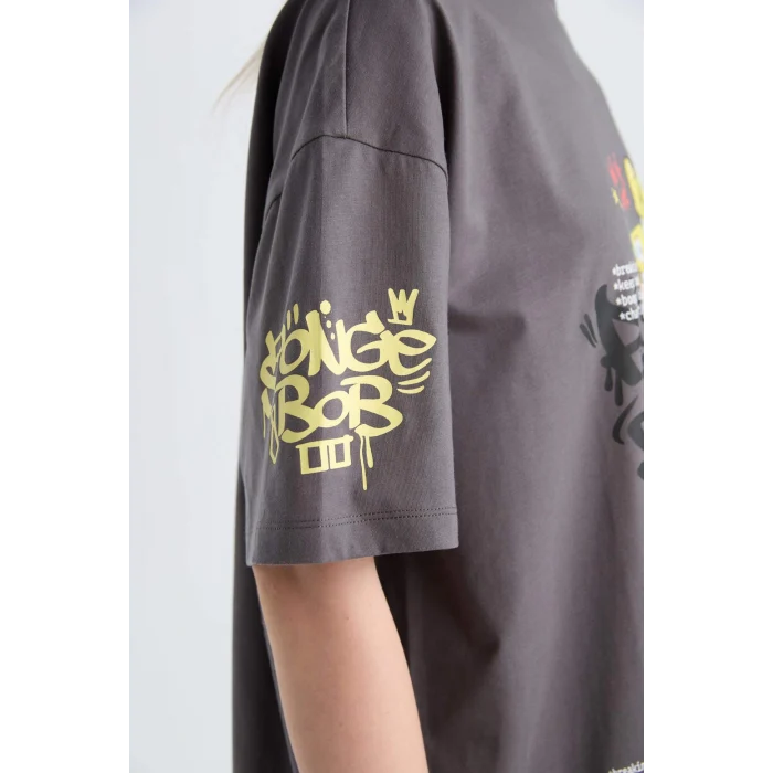 Defacto D9117 Antrasit Coool SpongeBob Oversize Geniş Kalıp Bisiklet Yaka Baskılı Kısa Kollu Tişört