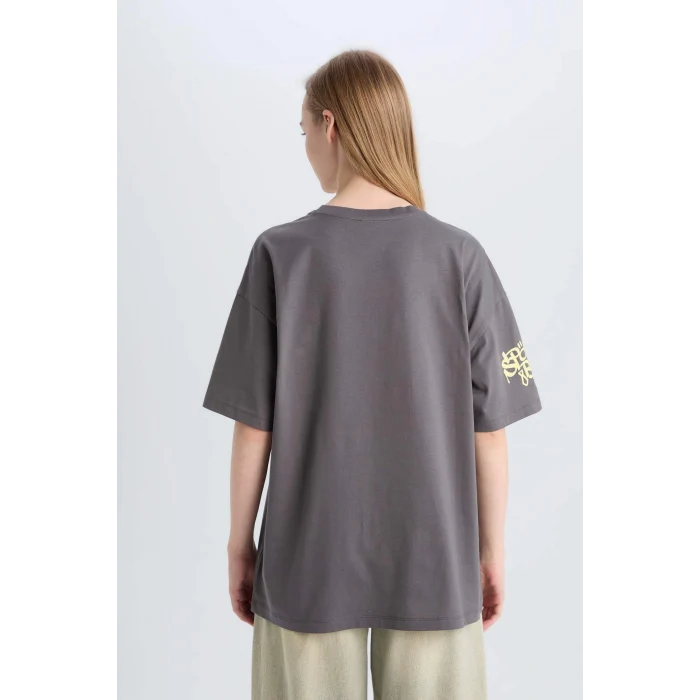 Defacto D9117 Antrasit Coool SpongeBob Oversize Geniş Kalıp Bisiklet Yaka Baskılı Kısa Kollu Tişört