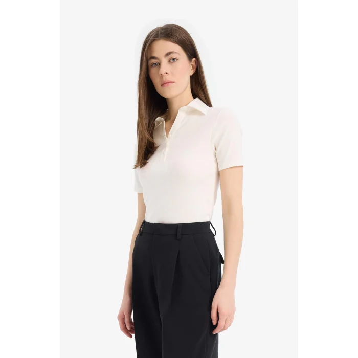 Defacto C6249 Beyaz Slim Fit Dar Kesim Fitilli Kaşkorse Kısa Kollu Polo Beyaz Tişört