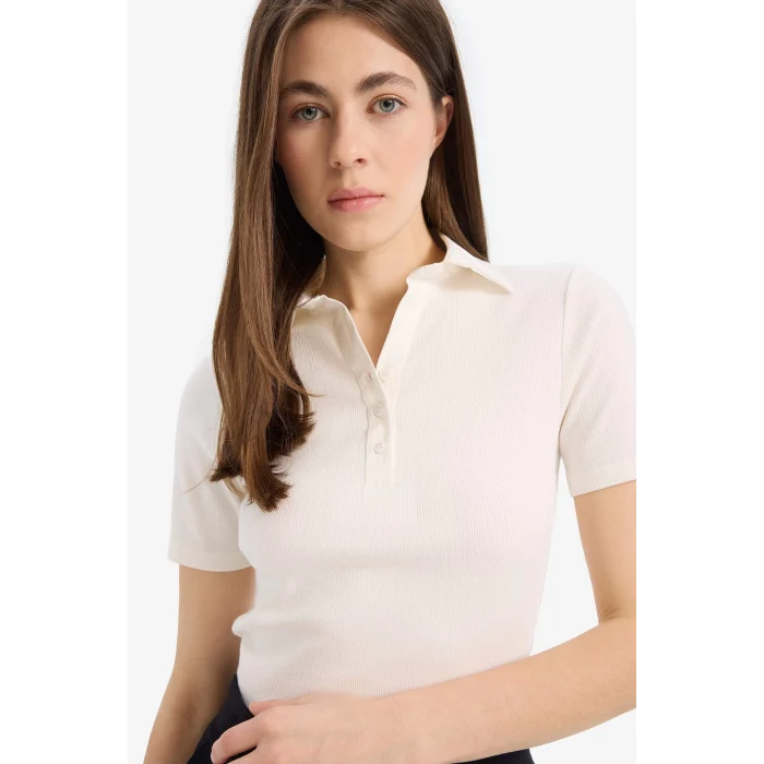 Defacto C6249 Beyaz Slim Fit Dar Kesim Fitilli Kaşkorse Kısa Kollu Polo Beyaz Tişört