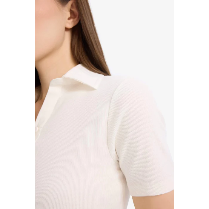 Defacto C6249 Beyaz Slim Fit Dar Kesim Fitilli Kaşkorse Kısa Kollu Polo Beyaz Tişört