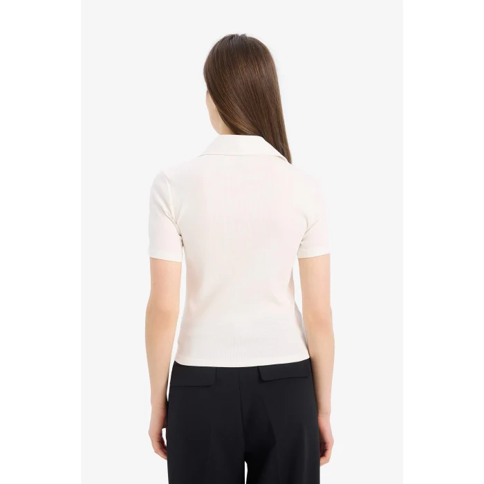 Defacto C6249 Beyaz Slim Fit Dar Kesim Fitilli Kaşkorse Kısa Kollu Polo Beyaz Tişört